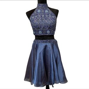 Sherri Hill Navy Blue Beaded Halter and Skirt Two Piece Short Dress Size 10